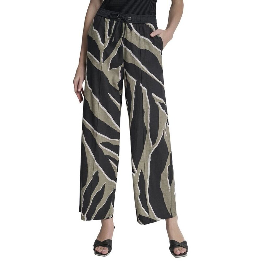 Dkny Womens Printed Linen-Blend Drawstring Pant, Black